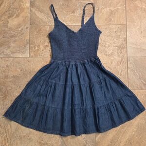 Heart & Heels Smocked Tiered Denim Dress Blue Cotton Sun Dress M Flirty Cute